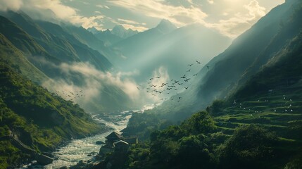 A cinematic view capturing the spellbinding allure of streams descending from towering peaks, embracing charming villages, as graceful birds adorn the scene with their mesmerizing flight. - Powered by Adobe