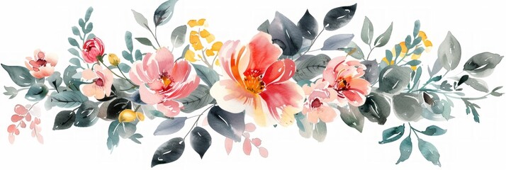 Fototapeta na wymiar Watercolor Illustration: Manual Composition with Big Set of Flower Elements Generative AI