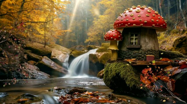 Toadstool mushroom house in the edge of river. Seamless looping time-lapse 4k video animation background