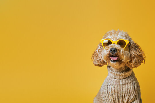 Focusing on fashion over identity, a faceless dog sports a sweater and heart glasses against a monochrome background