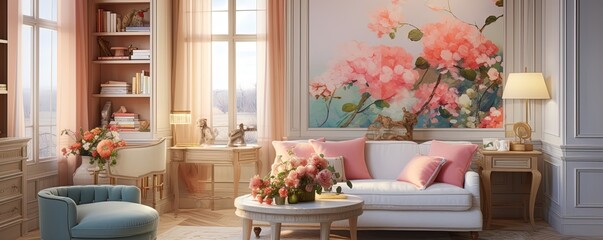 A cozy den filled with luxurious furniture, vibrant colors, and artistic accents creates an inviting atmosphere perfect for any home - obrazy, fototapety, plakaty