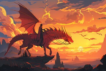 Knight with horse against dragon cartoon background