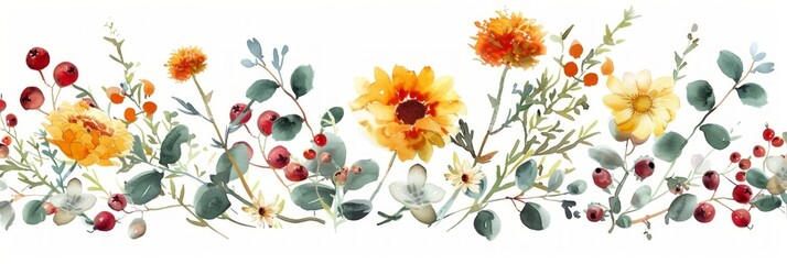 Autumn Marigold, Thistles, and Gerbera Daisy Bouquet with Red Berries on White Background Generative AI - obrazy, fototapety, plakaty