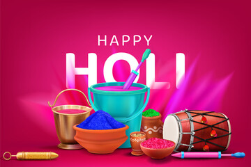 holi festival colorful background design with illustration of holi color bucket, dholak, gulal in pots, pichkari, drink