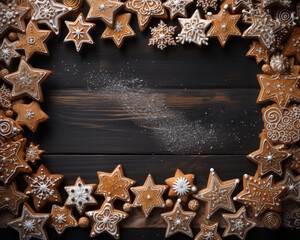 wooden christmas cookie frame on a wooden background, in the style of the stars art group сreated with Generative Ai