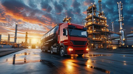  Transportation of oil and natural gas by truck. Oil Refinery factory and petrochemical plant. Petroleum industry. Precision in petroleum logistics.