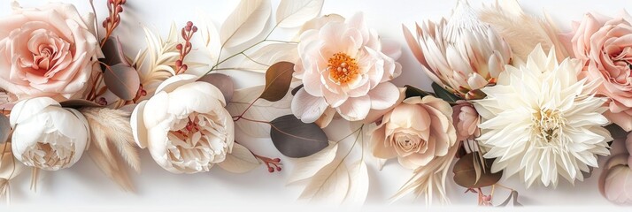 Pastel-Colored Camellia, Peony, and Protea on White Background Generative AI