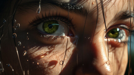 Women's beautiful big girls with green iris in water drops close-up. - 750822331