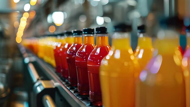 bottles fruit juice on the conveyor belt in the beverage factory, industrial, manufacture, production, line, plant, technology, juice, machine, machinery, equipment, automated