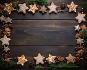 wooden christmas cookie frame on a wooden background, in the style of the stars art group сreated with Generative Ai