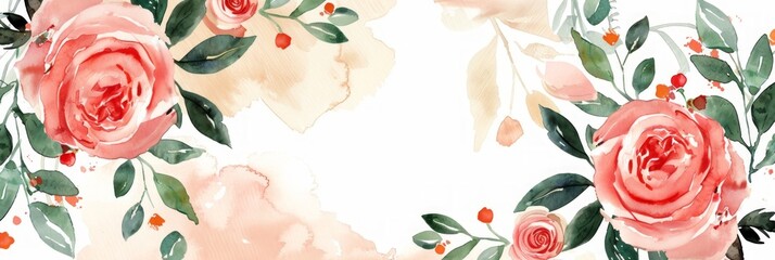 Watercolor Flower Invitation Design with Roses and Leaves Generative AI