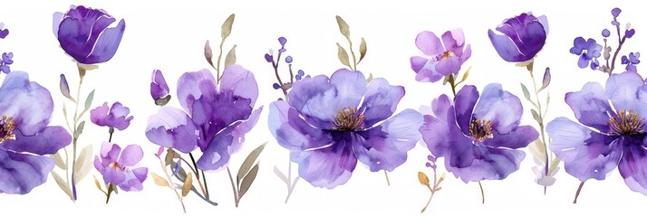 Purple Watercolor Flowers Seamless Border Generative AI
