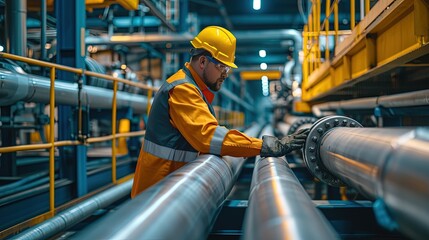 Male worker inspecting steel long pipes in station oil factory. Visual check pipeline oil and gas industry. Diligent inspection of long pipes in the oil sector.