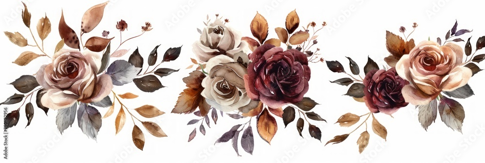 Wall mural Soft Brown and Burgundy Roses Bouquet Illustration for Wedding Card Generative AI - Wall murals