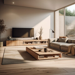 A modern living room with a minimalist design, featuring a variety of functional pieces and a smart storage system