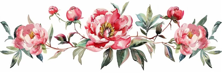 Tuinposter Watercolor Peonies with Dark Pink Hues on White Background Generative AI © AlexandraRooss