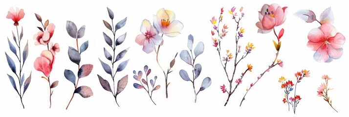 Watercolor Flowers, Leaves, and Twigs on White Background Generative AI