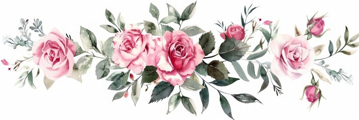 Pink Garden Roses Watercolor Arrangement for Botanic Illustration Generative AI