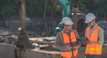Construction engineer working on a bridge construction site over a river,Civil engineer supervising work,Foreman inspects work at a construction site,Discuss technical problems together - obrazy, fototapety, plakaty