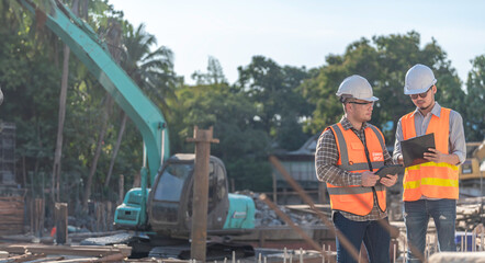 Construction engineer working on a bridge construction site over a river,Civil engineer supervising work,Foreman inspects work at a construction site,Discuss technical problems together