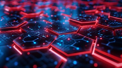 A futuristic hexagonal circuit board illuminated with red and blue neon lights, symbolizing advanced technology, and innovation. Ideal for themes of  cybersecurity, tech design, and modern computing.