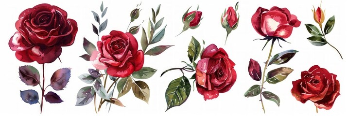 Watercolor Elements of Rose Garden: Red and Burgundy Flowers, Leaves, Branches Generative AI