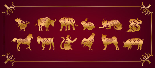 Chinese Zodiac, 12 Year Cycle Animals Symbolizing Personality Traits And Fortune. Rat, Ox, Tiger, Rabbit, Dragon, Snake
