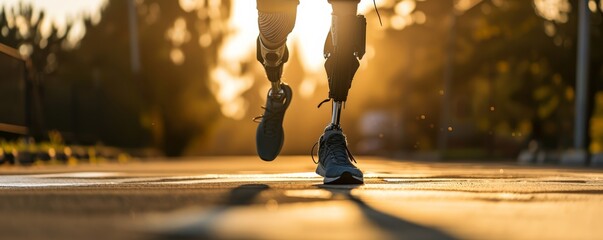 Backlit image of an athlete with prosthetic legs running at sunset, embodying determination and motivation, suitable for promoting adaptive sports and inclusion.