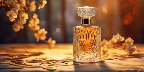 Exquisite perfume bottle with detailed design captured on reflective surface against luxurious silk curtains