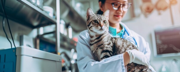 A veterinarian holding a tabby cat in a clinic conveys care and professionalism, suitable for pet health awareness events.