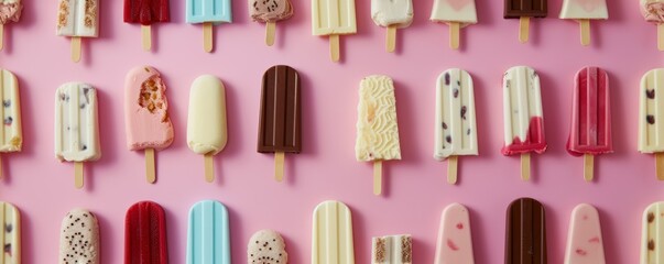 An array of various popsicles in pastel tones neatly arranged on a pink background, ideal for summer or dessert-themed design.
