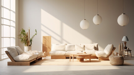 A modern living space with a sustainable couch, chairs and ottoman crafted from organic elements