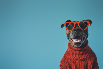 Joyful dog dressed in a red sweater and heart-shaped sunglasses exuding love and happiness