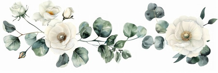 Watercolor Drawing of White Flowers and Eucalyptus Leaves with Roses, Poppies, and Anemones Generative AI - obrazy, fototapety, plakaty