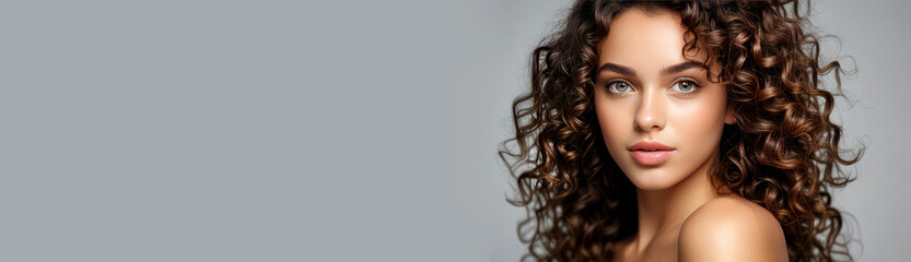 Model girl with shiny smooth healthy hair with curly hair and glowing, tan skin natural beauty smooth skin for Care, and hair and skin care products