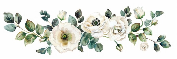 Watercolor Drawing of White Flowers and Eucalyptus Leaves with Roses, Poppies, and Anemones Generative AI
