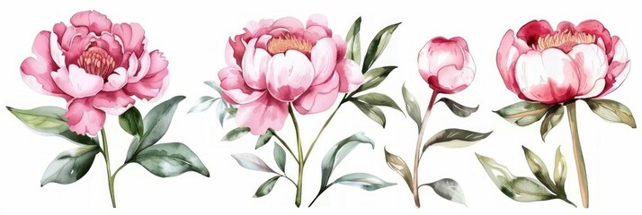 Watercolor Peonies: Elegant Flower and Leaf Set on White Background Generative AI - obrazy, fototapety, plakaty