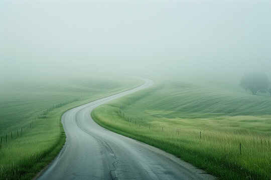 Road in the fog. Misty landscape. Background image. Created with Generative AI technology.
