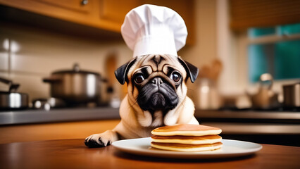 A pug in a white cap sits in front of a plate of pancakes in a cozy kitchen. Image for pancake day postcards.  - obrazy, fototapety, plakaty