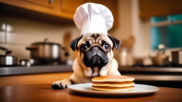 A pug in a white cap sits in front of a plate of pancakes in a cozy kitchen. Image for pancake day postcards. 