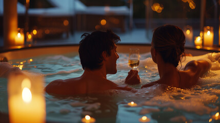 Couple drinking wine in a hot tub romantic night
