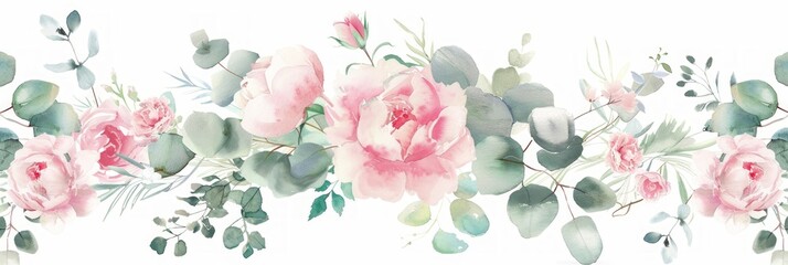 Pink and Dusty Rose Watercolor Floral Illustration with Eucalyptus Greenery Generative AI