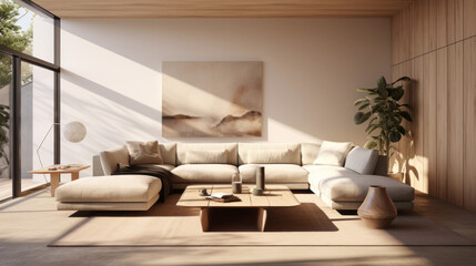 A modern living room with sustainable furnishings, natural light, and neutral decor