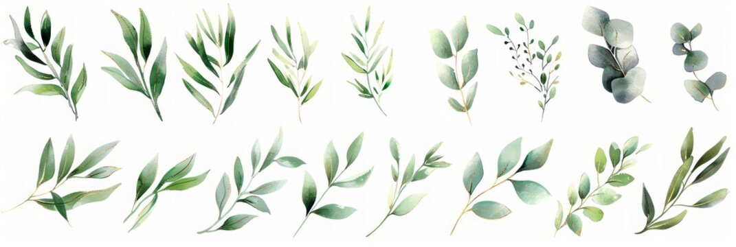 Green and Gold Leaf Branches Watercolor Illustration Set for Wedding Stationary and Wallpapers Generative AI