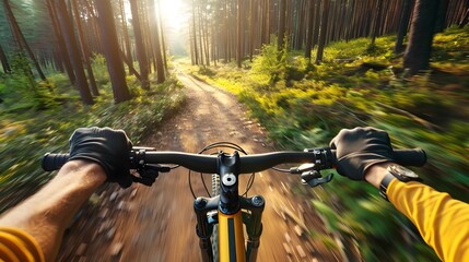 Person Riding Mountain Bike in Forest Path