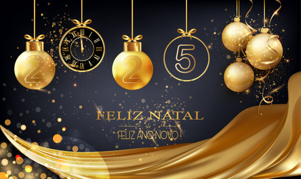 cartão ou faixa de cabeça para desejar um Feliz Natal e um Feliz Ano Novo 2025 em ouro e preto consistindo de baubles de Natal e um relógio sob um drape dourado de círculos de efeito bokeh em um fundo