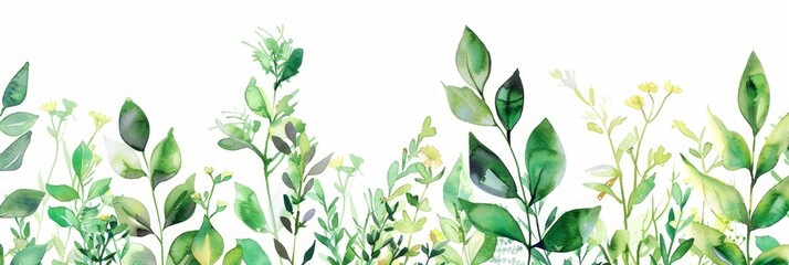 Hand-Painted Frame of Green Leaves and Wildflowers Generative AI