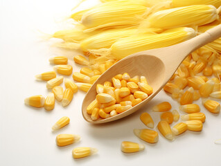on a white background there is a pile of corn seeds, layed on a wood spoon сreated with Generative Ai
