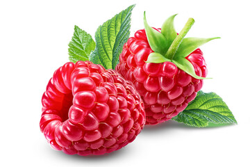 Two ripe raspberries with leaves isolated on a white background.
