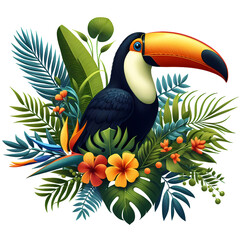 Toucan bird with tropical plants and flowers